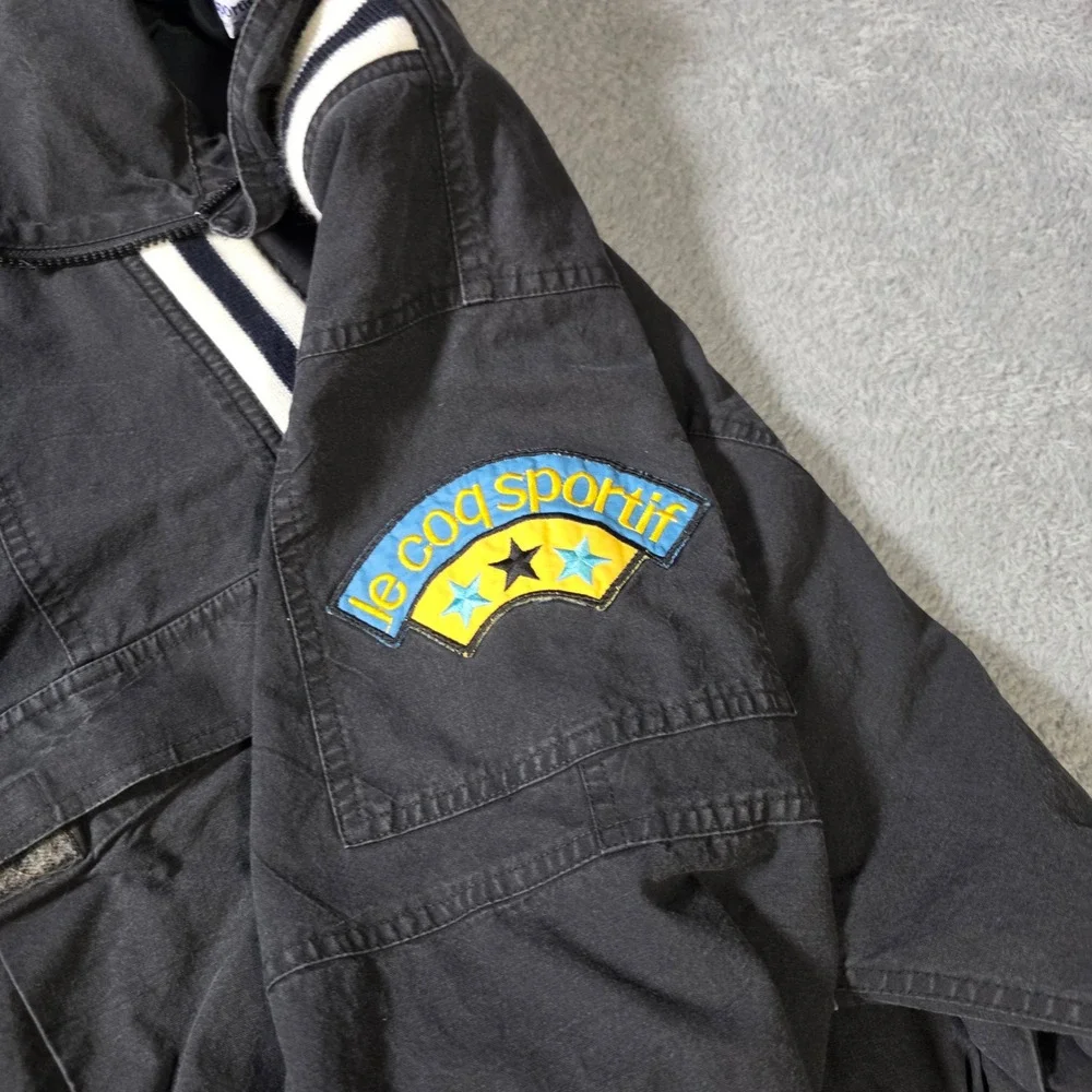 Le Coq Sportif Mens L Bomber Jacket Black Vintage Cotton Striped Trim Patch